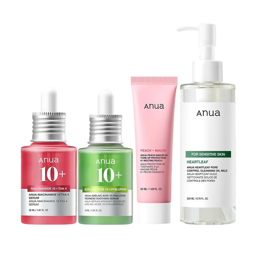 四件套 煙酰胺 10+ TXA4 精華、壬二酸 10+ 透明質酸精華、桃子煙酰胺防曬、積雪草溫和卸妝油